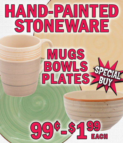 Special Buy Hand Painted Stoneware, Mugs, Bowls, Plates 99 cents to $1.99 each
