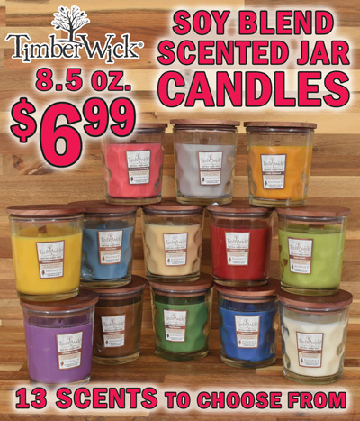 TimberWick 8 and a half ounce soy blend Bora Jar Candles with natural wood wicks $6.99, sounds like a cozy fire, 13 scents to choose from vanilla brulee, ember glow, cinnamon sugar, pine meadow, cran man, apple melon, cedar oakwood, lavender sachet, night musk, Hawaiian delight, neroli & cashmere wood, river stone, and jasmine vanilla. TimberWick Bora Jar Candles are highly fragranced, soy blend candles featuring a handcrafted natural wood wick designed to produce a soothing crackling sound, similar to a cozy fireplace. Biodegradable, clean burning, no wick trimming necessary. Scent profiles are designed to evoke natural, calming, and cozy environments. Vanilla Brulee item number 11101266 cinnamon, ginger, nutmeg, citrus, vanilla, and caramel. Ember Glow item number 11101267 spiced wood, juniper, cinnamon, patchouli, and vanilla. Cinnamon Sugar item number 11101268 cinnamon bark, clove, almonds, maple, and vanilla. Pine Meadow item number 11101269 pine needles, fresh cedar, and blue spruce bark. Cran Man item number 11101270 red currant, juicy orange, crisp cranberry, spices, and fresh apple. Apple Melon item number 11101271 dewy cantaloupe, green apple, cucumber, muguet, freesia, and white musk. Cedar Oakwood item number 11101272 white oak wood, birch, citrus bergamot, florals, musk, and cedarwood. Lavender Sachet item number 11101273 lavender, wild thyme, sage, warm musk, and earthy woods. Night Musk item number 11101274 sandalwood, eucalyptus, cedarwood, orange peel, patchouli, and musk. Hawaiian Delight item number 11101275 sugared pineapple, banana, coconut milk, clove, and Tonka bean. Neroli and Cashmere Wood item number 11101276 orange blossom, sandalwood, violet, patchouli, ginseng, vanilla, oakmoss, and musk. River Stone item number 11101277 sparkling verbena, sunlit waters, aloe, salted wind, cool cyclamen, sandstone, weathered driftwood, river moss, and misted musk. Jasmine Vanilla item number 11101278 lemon, coriander, peppercorn, cardamom, Koa wood, and vetivert.