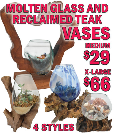 Molten Glass and Reclaimed Teak Wood Vases, 4 styles, medium $29, extra large $66