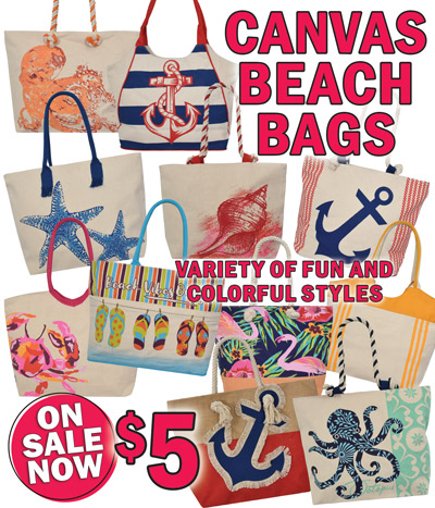 Canvas Beach Bags on sale now $5, variety of fun and colorful styles
