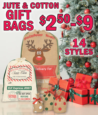 Jute and Cotton Gift Bags $2.50 to $9, 14 styles