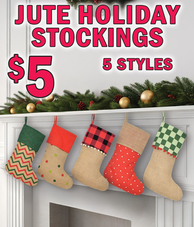 Jute Holiday Stockings $5, 5 styles