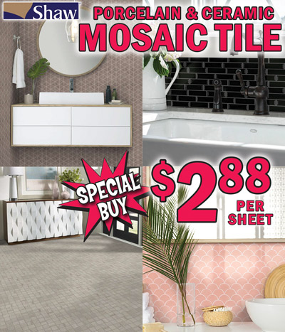 Special Buy Shaw Porcelain and Ceramic Mosaic Tile for walls and floors $2.88 per sheet, sheets are approximately 12 inches by 12 inches.