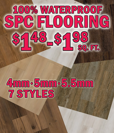 100 percent waterproof rigid core S P C Flooring Luxury Vinyl Plank $1.48 to $1.98 a square foot. 4, 5, and 5 and a half millimeters thick, the look of real hardwood, 7 styles, styles, colors, and sizes may vary by store. Chambers Oak 4 millimeters thick, 8 inches by 48 inches, item number USS dash 403AP dash D3590. Cottage Pine 4 millimeters thick, 8 inches by 48 inches, item number USS dash 403AP dash D7830. Stony Hill Oak 4 millimeters thick, 8 inches by 60 inches, item number USS dash 405AR dash D7360. Roanoke 5 millimeters thick 7 point 69 inches by 60 inches, item number USS dash B5000 dash D6350. Pinnacle 5 millimeters thick 7 point 69 inches by 60 inches, item number USS dash B5000 dash D8710. Ageless Oak 5 millimeters thick, 7 point 69 inches by 48 inches, item number USS dash B5000 dash D5330. Ageless Oak 5 and a half millimeters thick, 7 point 69 inches by 60 inches, item number USS dash N5500 dash D5330. Perfect for kitchens, bathrooms, foyers, high traffic living areas, laundry rooms, basements, and more. S P C stands for stone plastic composite and is exceptionally durable and resistant to dents from heavy furniture. Its superior density and stability prevents expansion and contraction as temperatures fluctuate. It allows easy click lock D I Y installation over existing hard surfaces.