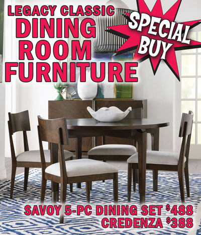 Special Buy Legacy Classic Savoy Dining Room Furniture. We just bought 4 truckloads of Savoy 5-piece Dining Sets and matching Credenzas – in stock, on the floor, take it home today! The Savoy Collection offers beautifully transitional styling with simple lines, sinuous curves, and stunning starburst veneer patterns in a Cabernet finish. 5-piece Dining Set includes 50 inch round table and 4 side chairs, our price $488, compare online for $1,332 and up, item number 0580520. Crafted from select hardwood and anigre veneer, table top has a stunning starburst pattern. Table and chairs have flared legs, gold accents, and a two-tone design. Side chairs have upholstered seats and are the perfect modern twist on a classic silhouette. Matching Savoy 2-door Credenza, our price $388, compare online for $805.20 and up, item number 0580151. The doors have a starburst pattern that matches the table top and graphite hardware. Credenza features fabric-lined silverware drawer and 3 adjustable and reversible wine storage shelves. Measures 56 inches wide by 18 inches deep by 36 inches high.