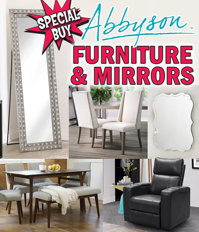 Special Buy Abbyson Furniture and Mirrors. Lillian Acacia Nailhead Dining Chairs our price $98 each or 2 for $196, compare online 2 for $357, item number TADR03. Classic high back dining chair in cream linen fabric for a simple and sleek look, with acacia wood frame and legs, plus silver nailhead trim for added elegance. Retro Mid Century Modern Extendable Wood Dining Table our price $188, compare online for $449, item number 7386TBL. Solid wood with a rich teak finish, tapered legs and a spacious tabletop with removable leaf that extends from 39 inches to 55 inches long to seat up to 6 people. Table is 32 inches wide by 30 inches high. Retro Mid Century Modern Upholstered Tufted Bench our price $98, compare online for $239, item number 7386BNCH. Solid wood with teak finish and tapered legs matches the retro mid Century modern extendable dining table. Grey upholstery and button tufting complement any decor style. 45 inches long by 16 and a half inches wide by 19 inches high.