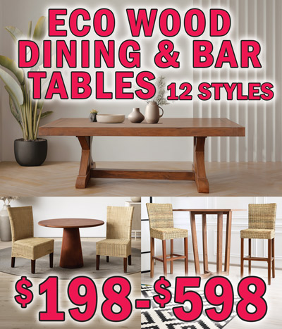 Eco Wood Dining and Bar Tables, 12 styles, $198 to $598