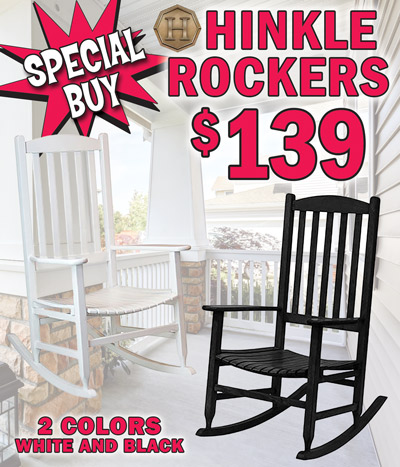 Special Buy Hinkle Rockers our price $139 each, compare online for $198.99. Cooper Creek solid hardwood rocking chair by Hinkle Chair Company in 2 colors black item # HINKLEB and white item # HINKLEW, colors may vary by store. These sturdy rockers are a special edition, mixing classic farmhouse style with a more modern, streamlined look. Picture yourself with your latest book and a cup of coffee in your quiet reading nook. Relax and escape the hustle and bustle of life, if only for a few hours. Perfect for the nursery, office, by the fireplace, on a covered porch, or any room in the house.