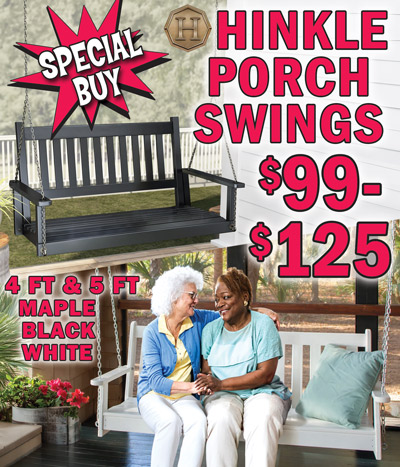 Special Buy Hinkle Porch Swings $99 to $125, 4 foot and 5 foot, maple, black, and white
