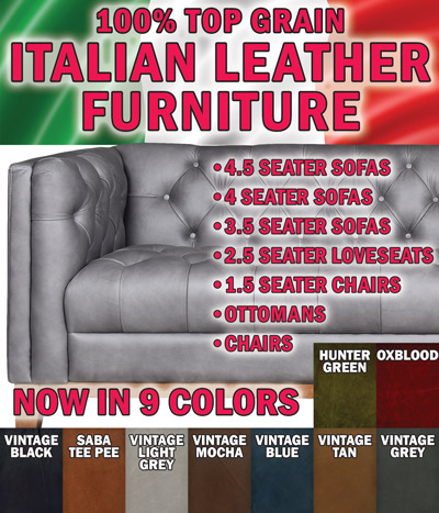 100 percent top grain Italian leather furniture, sofas, loveseats, chairs, ottomans, bar and counter height stools. New styles, new colors, including hunter green and oxblood. Now available in 9 colors – hunter green, oxblood, vintage black, saba tee pee, vintage grey, vintage blue, vintage tan, vintage light grey, and vintage mocha. This lived-in top grain leather furniture is made to last a lifetime, acquiring a patina over time and becoming even more beautiful with age. Colors and styles may vary by store.