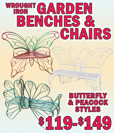 Wrought Iron Garden Benches and Chairs in Butterfly and Peacock styles, $119 to $149