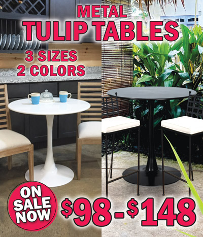 Metal Tulip Tables On Sale now $98 to $148, 3 sizes, 2 colors
