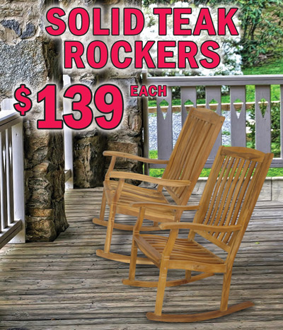 Teak Rockers make great gifts, $139 each, natural item number VMCGF10, 32 inches wide by 24 inches deep by 43 and a half inches high. Some stores may also have them available in grey or black, please check your local store for availability. Grey item number VMCGF10G, black item number VMCGF10B. Rocking improves mood and reduces stress. Crafted from sustainably harvested, kiln dried solid premium teak, the ultimate choice for outdoor furniture because its high oil and rubber content make it virtually immune to rot. Perfect for relaxing outdoors on the porch, by the fire, or in the garden. The rocking chair has enjoyed a long history of relaxation and is a staple in many homes. It can bring to mind childhood memories and feelings of nostalgia, and is often associated with happiness. Its rhythmic back-and-forth motion is soothing and sleep-inducing, and also encourages thinking and reflecting.