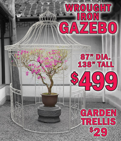 Wrought Iron Garden Gazebo $499, compare similar gazebos online for $1,443.75 to $1,942.67, 87 inch diameter, 138 inches tall, that’s 11 and a half feet tall, item number J7250414. Beautiful domed rooftop and 3 side walls feature distressed antique white finish and ornate ironwork design. A real attention getter for your home or business, especially when highlighted with plants, flowers, vines, hanging decor, planters, and or string lights. Wrought Iron Trellis $29, compare similar trellis online for $309, 74 and a half inches tall, over 6 feet, 19 and a half inches wide, item number J7251883. Decorative scrollwork adds elegance to gardens, patios, and courtyards. Anchored with long ground spikes for stability in garden beds, or place against a wall or fence. Antique bronze finish. Turn a blank space into a green space in a snap. Ideal for climbing plants and eye-catching flowering vines such as rose, mandevilla, ivy, honeysuckle, clematis, passionflower, morning glory, and jasmine.