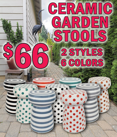 Ceramic Garden Stools $66, 2 styles stripes and polka dots, 6 colors jet black, steel grey, brown rawhide, orion blue, hunter green, red bossa nova, 19 and a half inches high by 13 and a half inches wide. Styles and colors may vary by store. Add a pop of color to your space with these decorative and functional garden stools. Can be used indoors or outdoors. Use as a side table, plant stand, or as extra seating. Perfect for patios, decks, gardens, or poolside. Stripes item numbers Jet Black A dash 484 dash 201, Steel Grey A dash 484 dash 202, Brown Rawhide A dash 484 dash 203, Orion Blue A dash 484 dash 204, Hunter Green A dash 484 dash 205, and Red Bossa Nova A dash 484 dash 206. Polka Dots item numbers Jet Black A dash 484 dash 101, Steel Grey A dash 484 dash 102, Brown Rawhide A dash 484 dash 103, Orion Blue A dash 484 dash 104, Hunter Green A dash 484 dash 105, and Red Bossa Nova A dash 484 dash 106.