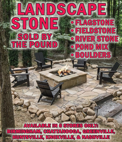 Landscape Stone, available in 6 stores only, Birmingham, Chattanooga, Greenville, Huntsville, Knoxville, and Nashville, some stores offer a larger variety than others, and variety will vary by store. Ask your store for details. Nothing beats natural stone in your garden! Great for stone paths, patios, retaining walls, water features, fire pits, flower bed borders, and more. Flagstone and fieldstone are perfect for walkways and paths. And we offer different types of wall stone in a variety of sizes, from small river rocks to large boulders. Sold by the pound, some stones have a full pallet discount that applies only to true full pallets.