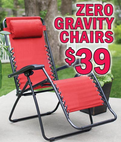 Zero Gravity Chairs – $39 - Available in 2 Colors - Black and Red