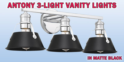 Ashley Harbour Antony 3-light vanity lights, our price $39, compare online for $138.87. Matte black fixture with metal shades, item number DS19189. 25 inches wide by 8 and a quarter inches deep by 8 and a half inches high. Dimmable when paired with dimming-compatible bulbs. Can be installed facing up or down. Styles may vary by store. Hurry in for best selection. These are a special buy folks, so when they’re gone, they’re gone!