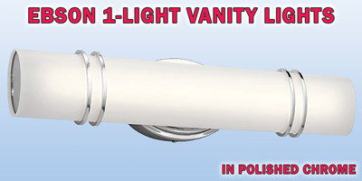 Kichler Ebson 1-light vanity light, our price $39, compare online for $102.48. Polished chrome LED fixture with frosted acrylic shade, item number 37424. 24 inches wide by 4 inches deep by 5 and a half inches high. Includes integrated LED strip. Styles may vary by store. Hurry in for best selection. These are a special buy folks, so when they’re gone, they’re gone!