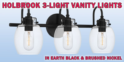 Ashley Harbour Holbrook 3-light vanity lights, our price $39, compare online for $114.36. Two finishes with clear glass shades - brushed nickel, item number ASH33409A and earth black, item number ASH33409A1. 22 inches wide by 7 and a quarter inches deep by 9 and 3 quarter inches high. Can be installed facing up or down. Styles may vary by store. Hurry in for best selection. These are a special buy folks, so when they’re gone, they’re gone!