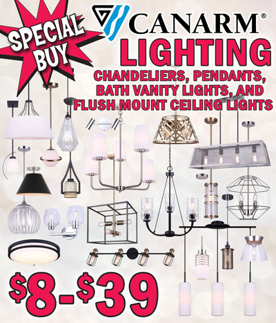 Special Buy Canarm Lighting, chandeliers, pendants, bath vanity lights, and flush mount ceiling lights $8 to $39, compare online for $17.10 to $532.99. Available in 7 stores only – Birmingham Irondale, Chattanooga, Chesapeake, Columbia, Knoxville, Mobile, and Nashville. Lynah pendant $19, item number IPL1018A01GD. Madison flush mount ceiling light $19, item number IFM742A10BNW. Warren pendant $19, item number IPL375A01RA. Madison 6 light chandelier $19, item number ICH1009A06BN32. Nora pendant $19, item number IPL1065A01BBG. Talia semi flush mount ceiling light $19, item number ISF1076A01BKN. Madison pendant $19, item number IPL1025A01GD9. Jade 4 light chandelier $29, item number ICH1026A04BN36. Maud 4 light chandelier $19, item number ICH635B04PGD19. Kelby 2 light L E D track light $29, item number LT211A02CH. Dune pendant $19, item number IPL1006A01BK. Nora 4 light chandelier $29, item number ICH1065A04BBG30. Toni 3 light pendant $29, item number IPL379A03BK. Ashby pendant $19, item number IPL744A01BM. Gilda L E D flush mount ceiling light $29, item number LFM112A19BK. Elena L E D pendant $19, item number LPL143A01CH. Mack pendant $19, item number IPL1077A01BK. Alix 4 light chandelier $39, item number ICH1064A04BN16. Carli 4 light chandelier $39, item number ICH1066A04BNB17. Emlen 6 light chandelier $39, item number ICH1073A06BKG. Dree 4 light vanity light $39, item number IVL1053A04BN.