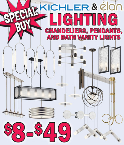 Special Buy Kichler and Elan Lighting, chandeliers, pendants, bathroom vanity light, and flush ceiling downlight $8 to $49, compare online for $24.95 to $514.99. Available in 7 stores only – Birmingham Irondale, Chattanooga, Chesapeake, Columbia, Knoxville, Mobile, and Nashville. Fole 2-light reclaimed wood L E D pendant $19, item number 44183VTGLED. Flush Mount L E D downlight $8, item number 43848OZLED40T. Forge 4-light L E D pendant $29, item number 43980BK. Roswell 4-light L E D pendant $29, item number 433390NI. Potomi 5-light L E D chandelier $29, item number 44372CLP. Kerti 1-light L E D pendant $19, item number 44017OZ. Amaryliss 3-light L E D chandelier $39, item number 44131PN. Tilson 1-light L E D mini pendant $19, item number 52149WH. Elan Bonham 3-light L E D chandeliers in 2 finishes $39 each, chrome item number 84164 and champagne gold item number 84166. Elan Vey 9-light L E D chandelier $39, item number 84123. Lasus 6-light L E D chandelier $49, item number 44347PNLED. Elan Avedu 2-light L E D pendant $29, item number 84138. Elan Avedu 6-light L E D chandelier $49, item number 84137.