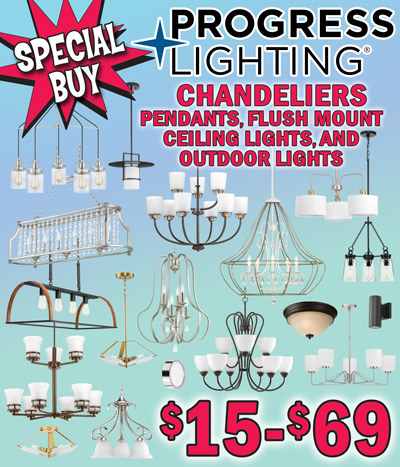 Special Buy Progress Lighting, chandeliers, pendants, flush mount ceiling lights, and outdoor lights $15 to $69