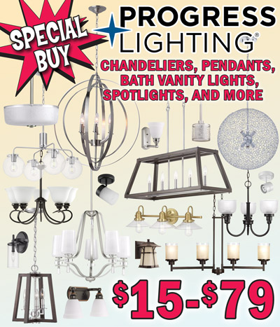 Special Buy Progress Lighting Chandeliers and Pendants plus Bathroom Vanity Lights, Spotlights, Flush Mount Light, and Outdoor Wall Light $15 to $79, compare online for $34.55 to $249. Styles may vary by store. Mingle 1 light brushed nickel pendant with etched glass cylinder $19, compare online for $49.98, item number P5116 dash 09. Ferncroft 1 light silver ridge mini pendant $19, compare online for $51.64, item number P50215 dash 134. Ferncroft 4 light silver ridge pendant $29, compare online for $131.40, item number P500216 dash 134. Home Style 5 light bronze chandelier with etched glass shades $29, compare online for $131.23, item number HS41005 dash 125. Equinox 6 light brushed nickel pendant $79, compare online for $229.98, item number P3963 dash 09. Derby L E D antique bronze outdoor wall light with watermark glass shade $29, compare online for $111.49, item number P5750 dash 2030K9. Archie 3 light Venetian bronze chandelier with clear prismatic glass shades $29, compare online for $48.76, can be hung facing up or down, item number P4801 dash 74. Indulge 5 light brushed nickel chandelier $79, compare online for $229.98, item number P4810 dash 09. Provo 4 light polished nickel flush mount light $29, compare online for $58.07, item number P350208 dash 104. Estoque 6 light polished chrome pendant with crystal accents $39, compare online for $176.67, item number P500219 dash 015. Berea 4 light brushed nickel chandelier with clear seeded glass shades $39, compare online for 170.10, item number P400283 dash 009. Forrester 4 light satin nickel and teak wood farmhouse pendant $29, compare online for $169.98, item number P500255 dash 147. Forrester 5 light satin nickel and teak wood farmhouse chandelier $79, compare online for $229.98, item number P400220 dash 147.