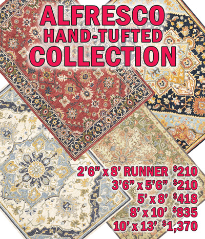 Alfresco hand tufted collection 2 feet 6 inches by 8 feet runner $210, 3 feet 6 inches by 5 feet 6 inches $210, 5 feet by 8 feet $418, 8 feet by 10 feet $835, 10 feet by 13 feet $1,370