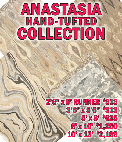 Anastasia hand tufted collection 2 feet 6 inches by 8 feet runner $313, 3 feet 6 inches by 5 feet 6 inches $313, 5 feet by 8 feet $625, 8 feet by 10 feet $1,250, 10 feet by 13 feet $2,199
