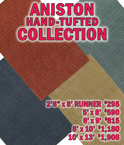 Aniston hand tufted collection 2 feet 6 inches by 8 feet runner $295, 5 feet by 8 feet $590, 6 feet by 9 feet $815, 8 feet by 10 feet $1,180, 10 feet by 13 feet $1,908