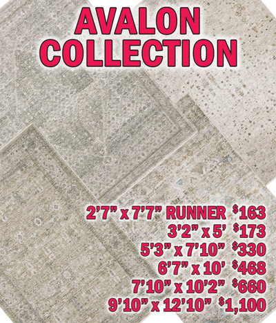 Avalon collection 2 feet 7 inches by 7 feet 7 inches runner $163, 3 feet 2 inches by 5 feet $173, 5 feet 3 inches by 7 feet 10 inches $330, 6 feet 7 inches by 10 feet $468, 7 feet 10 inches by 10 feet 2 inches $660, 9 feet 10 inches by 12 feet 10 inches $1,100
