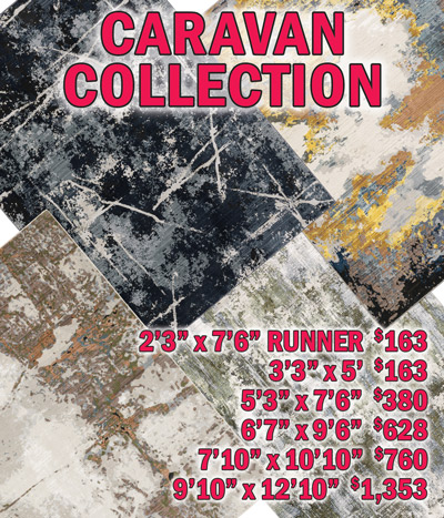 Caravan collection 2 feet 3 inches by 7 feet 6 inches runner $163, 3 feet 3 inches by 5 feet $163, 5 feet 3 inches by 7 feet 6 inches $380, 6 feet 7 inches by 9 feet 6 inches $628, 7 feet 10 inches by 10 feet 10 inches $760, 9 feet 10 inches by 12 feet 10 inches $1,353