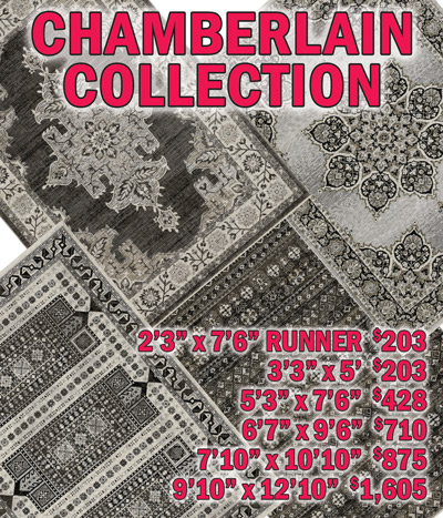 Chamberlain collection 2 feet 3 inches by 7 feet 6 inches runner $203, 3 feet 3 inches by 5 feet $203, 5 feet 3 inches by 7 feet 6 inches $428, 6 feet 7 inches by 9 feet 6 inches $710, 7 feet 10 inches by 10 feet 10 inches $875, 9 feet 10 inches by 12 feet 10 inches $1,605