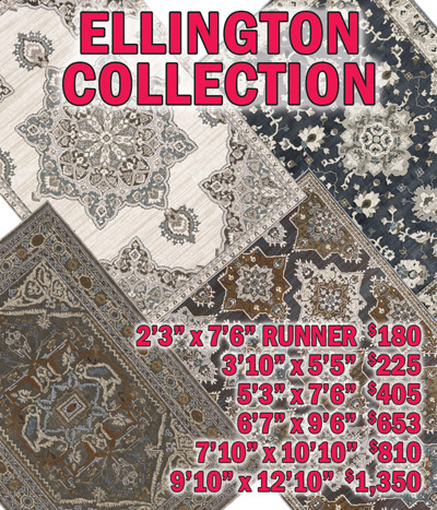 Ellington collection 2 feet 3 inches by 7 feet 6 inches runner $180, 3 feet 10 inches by 5 feet 5 inches $225, 5 feet 3 inches by 7 feet 6 inches $405, 6 feet 7 inches by 9 feet 6 inches $653, 7 feet 10 inches by 10 feet 10 inches $810, 9 feet 10 inches by 12 feet 10 inches $1,350