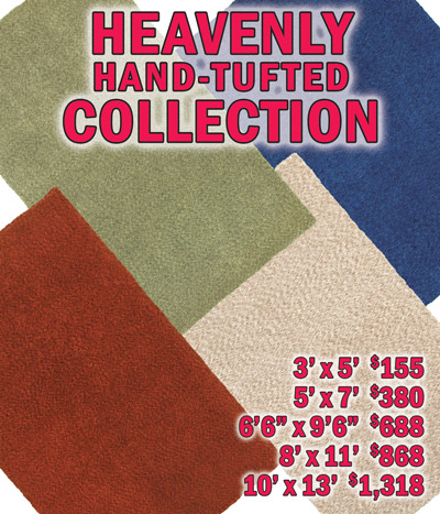 Heavenly hand tufted collection 3 feet by 5 feet $155, 5 feet by 7 feet $380, 6 feet 6 inches by 9 feet 6 inches $688, 8 feet by 11 foot $868, 10 feet by 13 feet $1,318