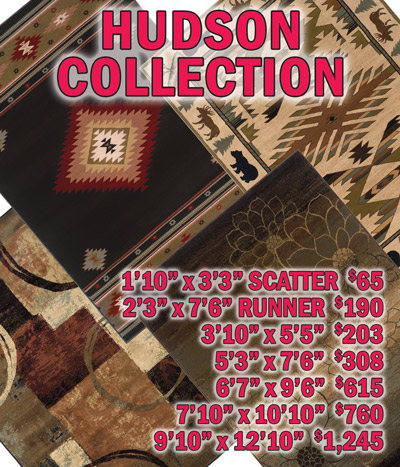 Hudson collection 1 foot 10 inches by 3 feet 3 inches scatter $65, 2 feet 3 inches by 7 feet 6 inches runner $190, 3 feet 10 inches by 5 feet 5 inches $203, 5 feet 3 inches by 7 feet 6 inches $308, 6 feet 7 inches by 9 feet 6 inches $615, 7 feet 10 inches by 10 feet 10 inches $760, 9 feet 10 inches by 12 feet 10 inches $1,245