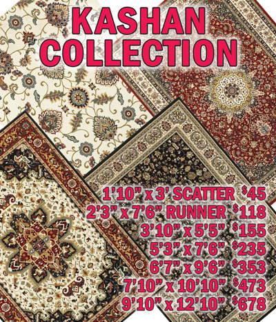 Kashan collection 1 foot 10 inches by 3 feet scatter $45, 2 feet 3 inches by 7 feet 6 inches runner $118, 3 feet 10 inches by 5 feet 5 inches $155, 5 feet 3 inches by 7 feet 6 inches $235, 6 feet 7 inches by 9 feet 6 inches $353, 7 feet 10 inches by 10 feet 10 inches $473, 9 feet 10 inches by 12 feet 10 inches $678
