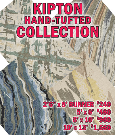 Kipton hand tufted collection 2 feet 6 inches by 8 feet runner $240, 5 feet by 8 feet $480, 8 feet by 10 feet $960, 10 feet by 13 feet $1,560