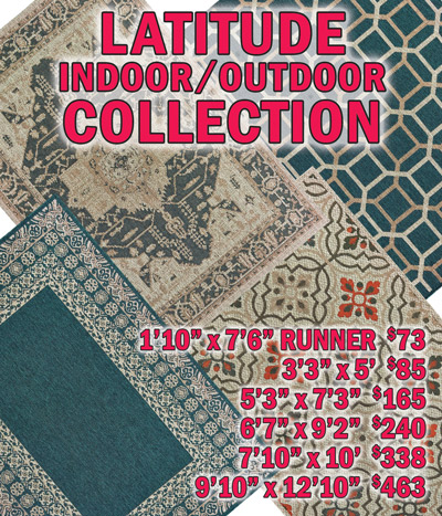 Latitude indoor outdoor collection 1 foot 10 inches by 7 feet 6 inches runner $73, 3 feet 3 inches by 5 feet $85, 5 feet 3 inches by 7 feet 3 inches $165, 6 feet 7 inches by 9 feet 2 inches $240, 7 feet 10 inches by 10 feet $338, 9 feet 10 inches by 12 feet 10 inches $463