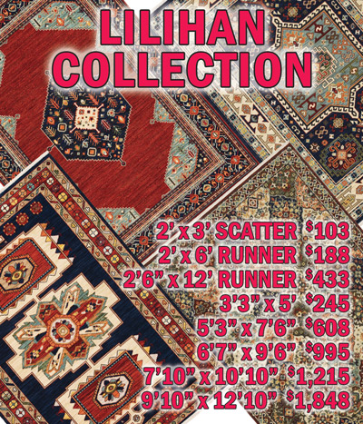 Lilihan collection 2 feet by 3 feet scatter $103, 2 feet by 6 feet runner $188, 2 feet 6 inches by 12 feet runner $433, 3 feet 3 inches by 5 feet $245, 5 feet 3 inches by 7 feet 6 inches $608, 6 feet 7 inches by 9 feet 6 inches $995, 7 feet 10 inches by 10 feet 10 inches $1,215, 9 feet 10 inches by 12 feet 10 inches $1,848