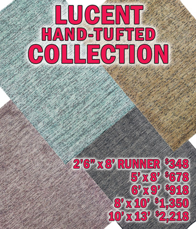 Lucent hand tufted collection 2 feet 6 inches by 8 feet runner $348, 5 feet by 8 feet $678, 6 feet by 9 feet $918, 8 feet by 10 feet $1,350, 10 feet by 13 feet $2,218