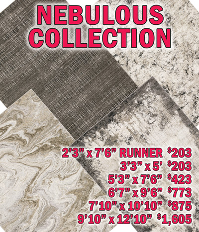Nebulous collection 2 feet 3 inches by 7 feet 6 inches runner $203, 3 feet 3 inches by 5 feet $203, 5 feet 3 inches by 7 feet 6 inches $423, 6 feet 7 inches by 9 feet 6 inches $773, 7 feet 10 inches by 10 feet 10 inches $875, 9 feet 10 inches by 12 feet 10 inches $1,605