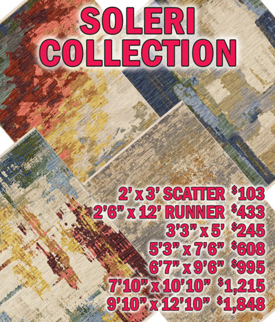 Soleri collection 2 feet by 3 feet scatter $103, 2 feet 6 inches by 12 feet runner $433, 3 feet 3 inches by 5 feet $245, 5 feet 3 inches by 7 feet 6 inches $608, 6 feet 7 inches by 9 feet 6 inches $995, 7 feet 10 inches by 10 feet 10 inches $1,215, 9 feet 10 inches by 12 feet 10 inches $1,848