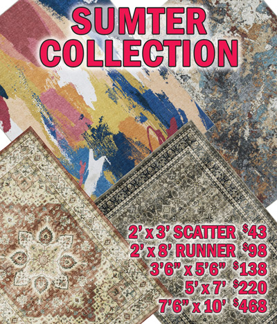Sumter collection 2 feet by 3 feet scatter $43, 2 feet by 8 feet runner $98, 3 feet 6 inches by 5 feet 6 inches $138, 5 feet by 7 feet $220, 7 feet 6 inches by 10 feet $468