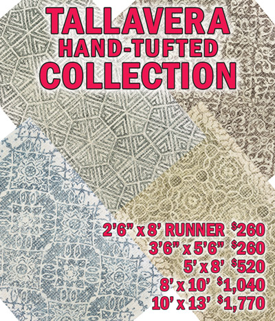 Tallavera hand tufted collection 2 feet 6 inches by 8 feet runner $260, 3 feet 6 inches by 5 feet 6 inches $260, 5 feet by 8 feet $520, 8 feet by 10 feet $1,040, 10 feet by 13 feet $1,770