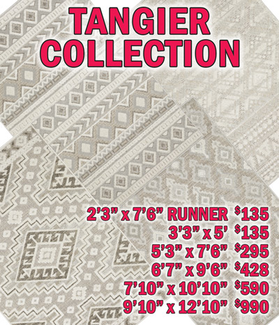 Tangier collection 2 feet 3 inches by 7 feet 6 inches runner $135, 3 feet 3 inches by 5 feet $135, 5 feet 3 inches by 7 feet 6 inches $295, 6 feet 7 inches by 9 feet 6 inches $428, 7 feet 10 inches by 10 feet 10 inches $590, 9 feet 10 inches by 12 feet 10 inches $990