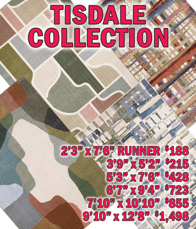 Tisdale collection 2 feet 3 inches by 7 feet 6 inches runner $188, 3 feet 9 inches by 5 feet 2 inches $215, 5 feet 3 inches by 7 feet 6 inches $428, 6 feet 7 inches by 9 feet 4 inches $723, 7 feet 10 inches by 10 feet 10 inches $855, 9 feet 10 inches by 12 feet 8 inches $1,498