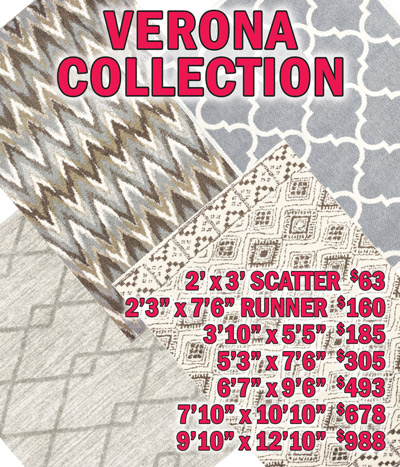 Verona collection 2 feet by 3 feet scatter $63, 2 feet 3 inches by 7 feet 6 inches runner $160, 3 feet 10 inches by 5 feet 5 inches $185, 5 feet 3 inches by 7 feet 6 inches $305, 6 feet 7 inches by 9 feet 6 inches $493, 7 feet 10 inches by 10 feet 10 inches $678, 9 feet 10 inches by 12 feet 10 inches $988