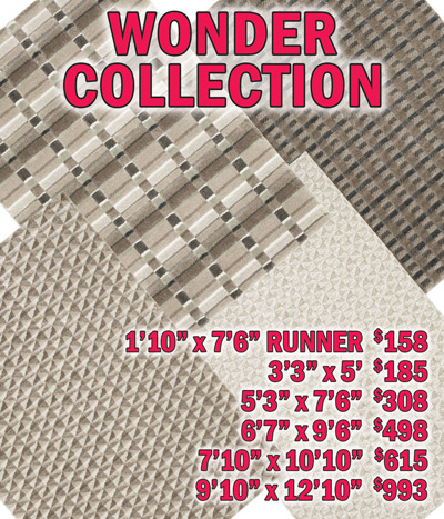 Wonder collection 1 foot 10 inches by 7 feet 6 inches runner $158, 3 feet 3 inches by 5 feet $185, 5 feet 3 inches by 7 feet 6 inches $308, 6 feet 7 inches by 9 feet 6 inches $498, 7 feet 10 inches by 10 feet 10 inches $615, 9 feet 10 inches by 12 feet 10 inches $993